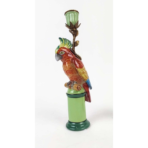 401 - CANDLESTICKS, a pair, in the form of red parrots, 29cm H approx. (2)