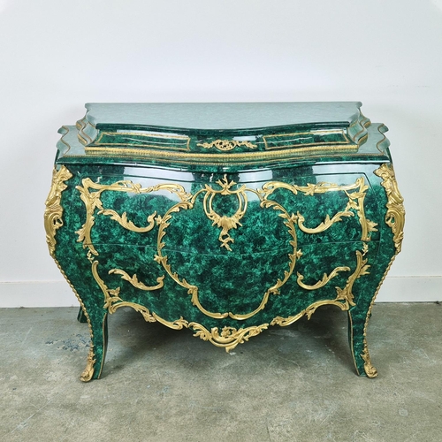 404 - BOMBE COMMODE, faux malachite with gilt mounts, two drawers, 130cm x 57cm x 89cm.