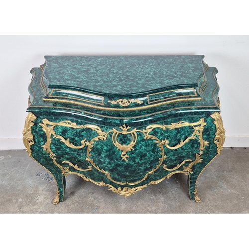 404 - BOMBE COMMODE, faux malachite with gilt mounts, two drawers, 130cm x 57cm x 89cm.