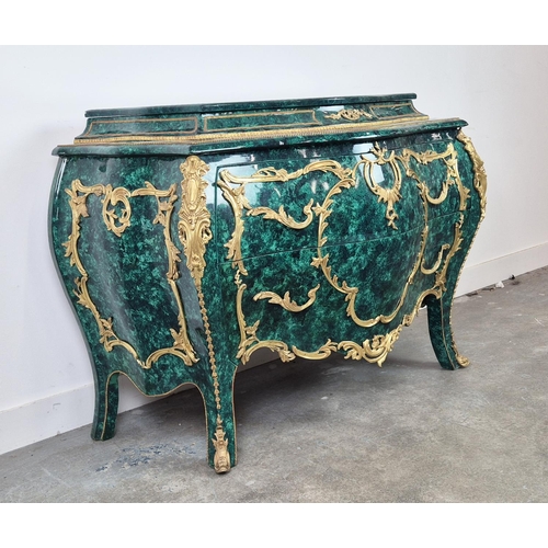 404 - BOMBE COMMODE, faux malachite with gilt mounts, two drawers, 130cm x 57cm x 89cm.