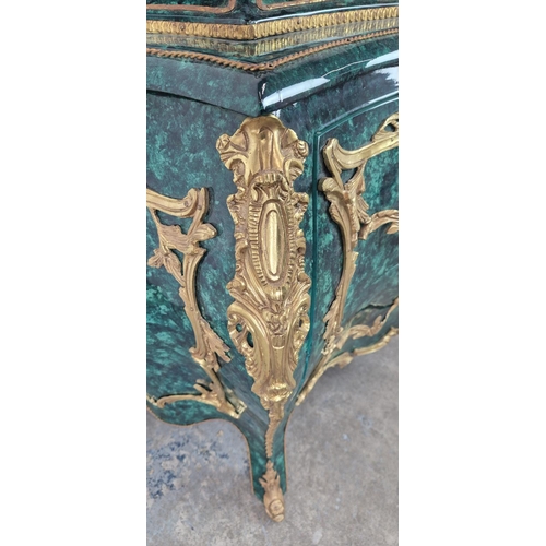 404 - BOMBE COMMODE, faux malachite with gilt mounts, two drawers, 130cm x 57cm x 89cm.