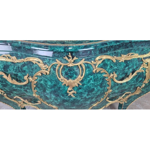 404 - BOMBE COMMODE, faux malachite with gilt mounts, two drawers, 130cm x 57cm x 89cm.