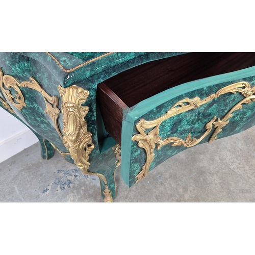 404 - BOMBE COMMODE, faux malachite with gilt mounts, two drawers, 130cm x 57cm x 89cm.