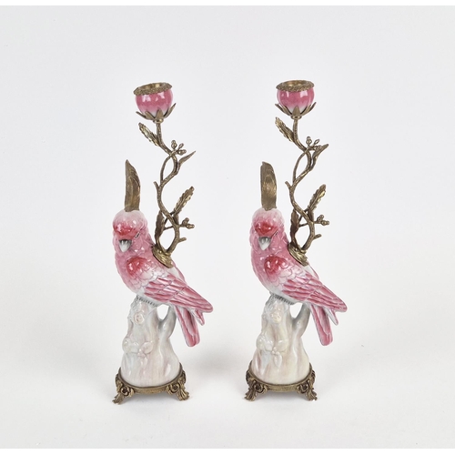 419 - CANDLESTICKS, a pair, in the form of parrots, ceramic and gilt metal, 43cm H approx. (2)