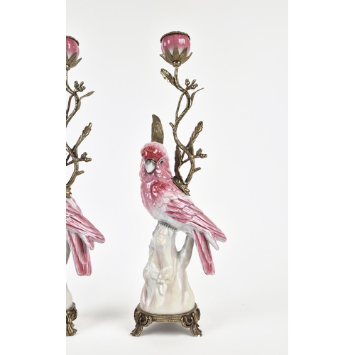 419 - CANDLESTICKS, a pair, in the form of parrots, ceramic and gilt metal, 43cm H approx. (2)