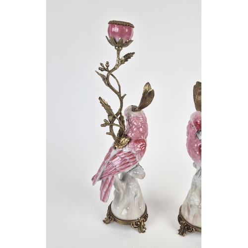 419 - CANDLESTICKS, a pair, in the form of parrots, ceramic and gilt metal, 43cm H approx. (2)