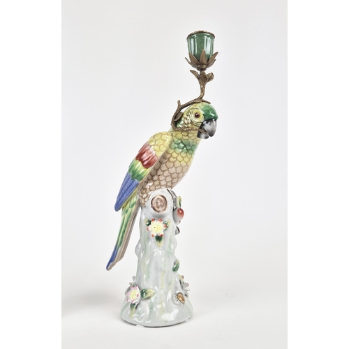 421 - CANDLESTICKS, a pair, in the form of parrots, ceramic and gilt metal, 35.5cm H approx. (2)