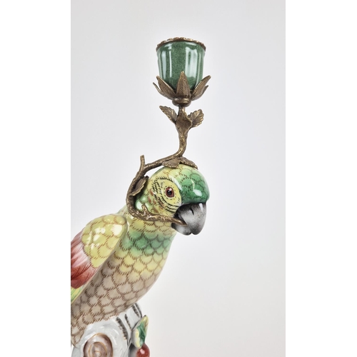 421 - CANDLESTICKS, a pair, in the form of parrots, ceramic and gilt metal, 35.5cm H approx. (2)