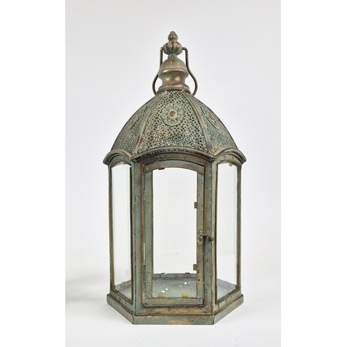 433 - STORM LANTERNS, a pair, faux Verdigris metal and glazed, 57cm H at tallest approx. (2)