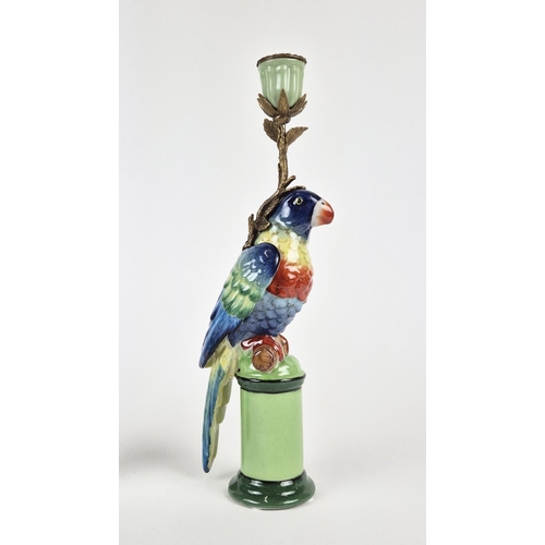 435 - CANDLESTICKS, a pair, in the form of blue parrots, ceramic and gilt metal, 31.5cm H approx. (2)