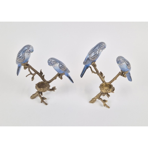 436 - CANDLESTICKS, a pair, each in the form of two birds around nest, gilt metal and ceramic, 23cm H appr... 