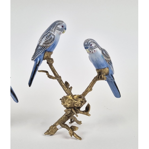 436 - CANDLESTICKS, a pair, each in the form of two birds around nest, gilt metal and ceramic, 23cm H appr... 