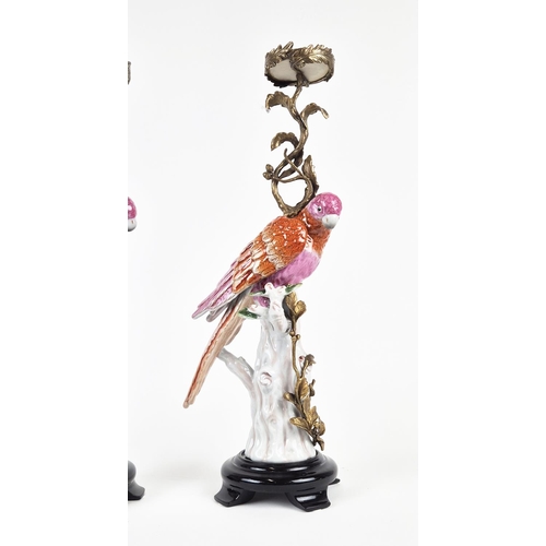 437 - CANDLESTICKS, a par, in the form of parrots, ceramic and gilt metal, 55cm H approx. (2)