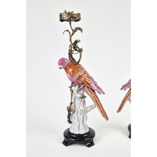 437 - CANDLESTICKS, a par, in the form of parrots, ceramic and gilt metal, 55cm H approx. (2)