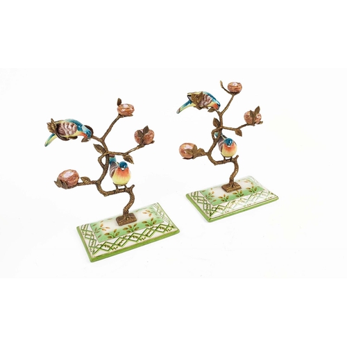 448 - CANDELABRA, a pair, in the form of birds in trees with nests, ceramic and gilt metal 27.5cm H approx... 