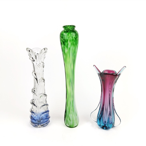 51 - THREE VARIOUS GLASS VASES, comprising one Murano type vase with purple and blue colourway, a slender... 