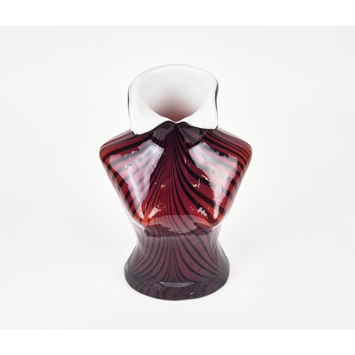 52 - A MURANO STYLE TORSO HAND BLOWN VASE, in the female form, red and black striped decoration, white op... 