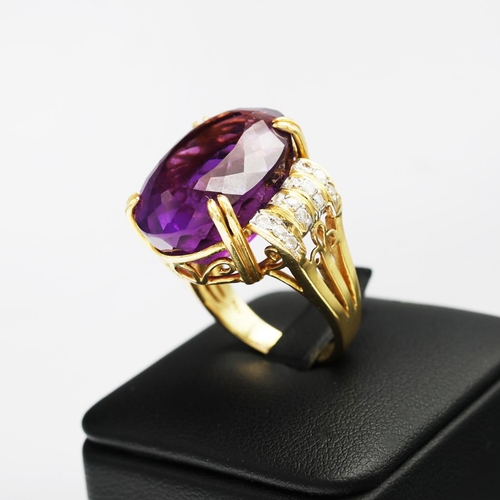 75 - AN 18CT GOLD AMETHYST AND DIAMOND RING AND EARRING SET, the clip-on earrings each set with a large o... 