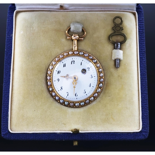 96 - A FRENCH LATE 19TH CENTURY YELLOW METAL LADIES FOB WATCH, probably 15ct gold, white enamelled dial w... 