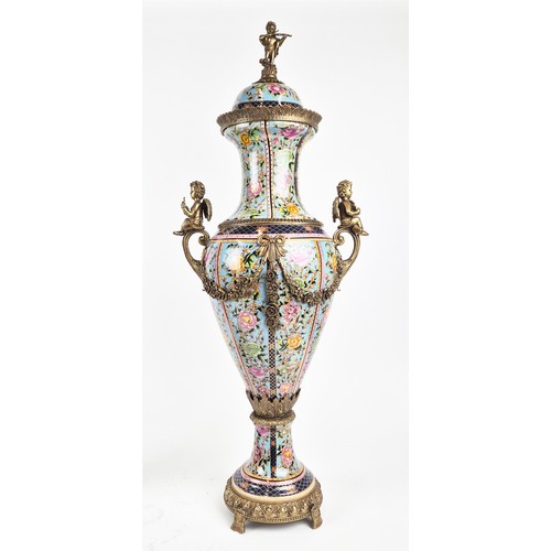 420 - URNS, a pair, with covers, glazed ceramic and gilt metal, 78cm H approx. (2)