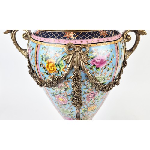 420 - URNS, a pair, with covers, glazed ceramic and gilt metal, 78cm H approx. (2)