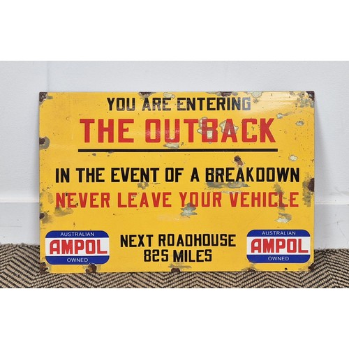 427 - OUTBACK STYLE SIGN, enamelled metal, aged finish, 59cm x 39cm.