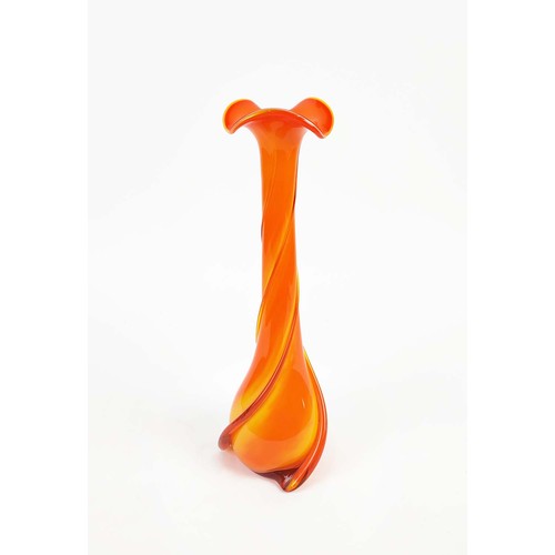 27 - A MURANO ORANGE GLASS VASE, of slender baluster form, spiral twist decoration, 20th century, 41cm hi... 