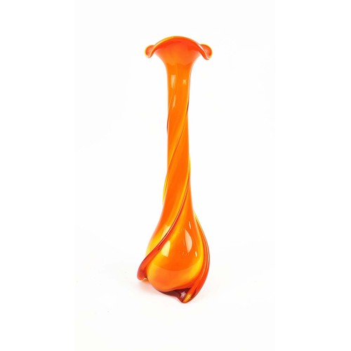 27 - A MURANO ORANGE GLASS VASE, of slender baluster form, spiral twist decoration, 20th century, 41cm hi... 