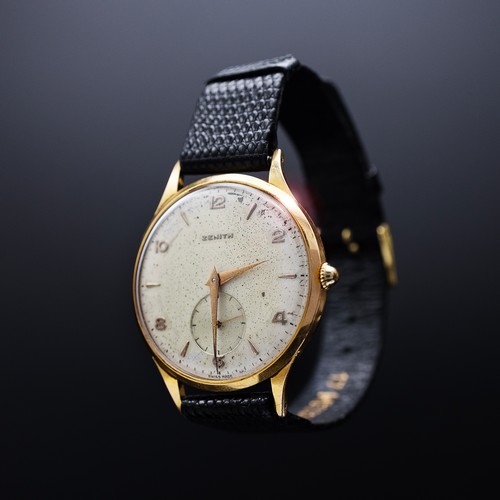 97 - 18K GOLD ZENITH WRISTWATCH, 1960's, manual wind, 36mm, black lizard strap, Ref. 442825, currently ti... 