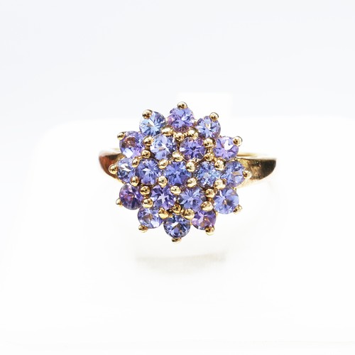 112 - A 9CT GOLD TANZANITE CLUSTER RING, set with 19 round mixed cut tanzanites, ring size K½, together wi... 