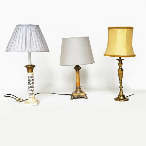 582 - TABLE LAMPS, selection of three including marble column and silver metal, a brass column lamp and ca... 