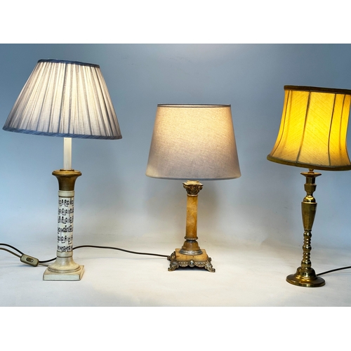 582 - TABLE LAMPS, selection of three including marble column and silver metal, a brass column lamp and ca... 