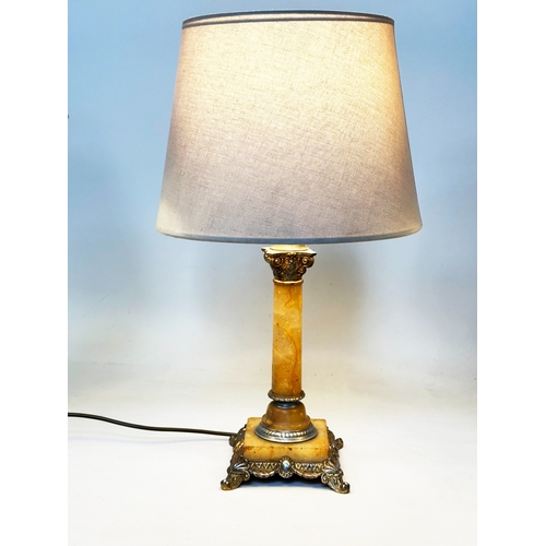 582 - TABLE LAMPS, selection of three including marble column and silver metal, a brass column lamp and ca... 