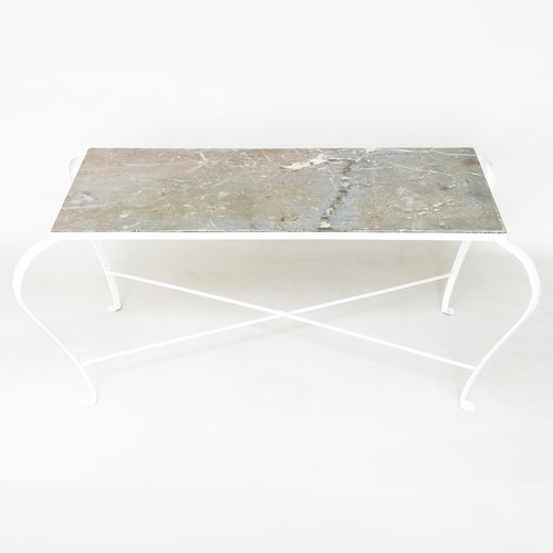 584 - LOW TABLE, antique French rectangular variegated marble on wrought iron scrolling support, 53cm H x ... 