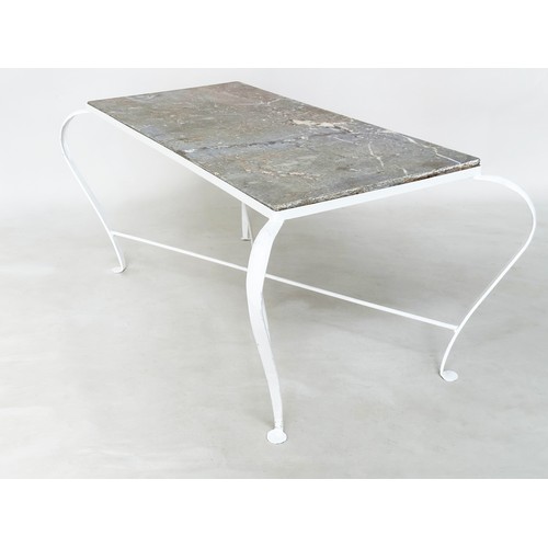 584 - LOW TABLE, antique French rectangular variegated marble on wrought iron scrolling support, 53cm H x ... 