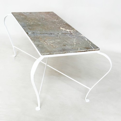 584 - LOW TABLE, antique French rectangular variegated marble on wrought iron scrolling support, 53cm H x ... 