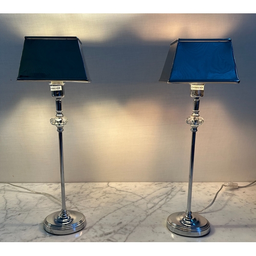 558 - TABLE LAMPS, a pair, chrome and glass columns, 47cm H. (2)