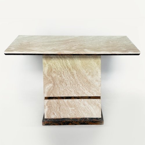 560 - CONSOLE TABLE, 1970's Italian travertine and marble with plinth support, 110cm x 40cm x 76cm H.