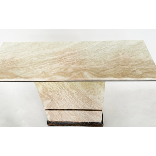 560 - CONSOLE TABLE, 1970's Italian travertine and marble with plinth support, 110cm x 40cm x 76cm H.