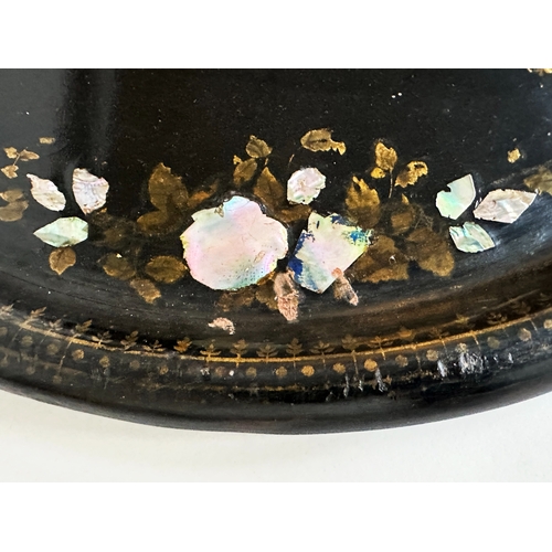 561 - PAPIER MÂCHÉ TRAYS, three 19th century gilt and polychrome floral decorated, largest 79cm W. (3)