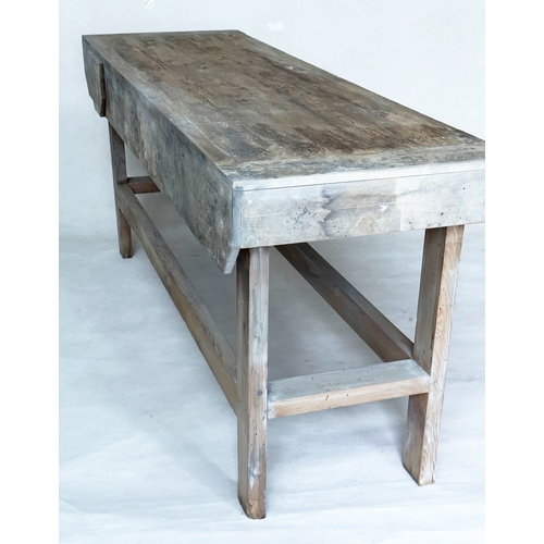 546 - WORKBENCH, vintage pine with stretchered supports, 206cm W x 65cm D x 91cm H.