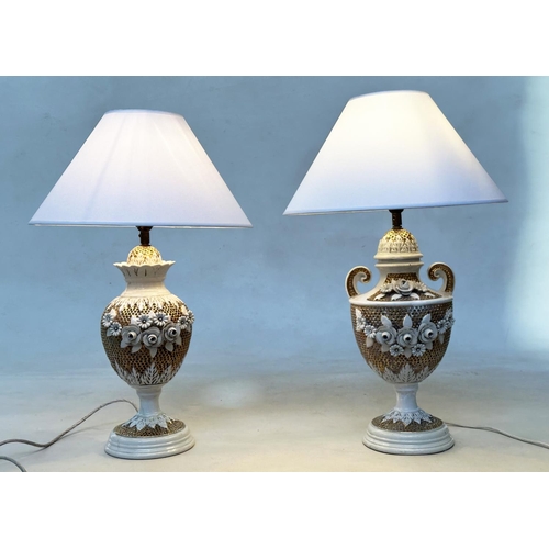 552 - TABLE LAMPS, two similar, Italian ceramic and gilt of vase form with shades, 43cm and 41cm H excludi... 