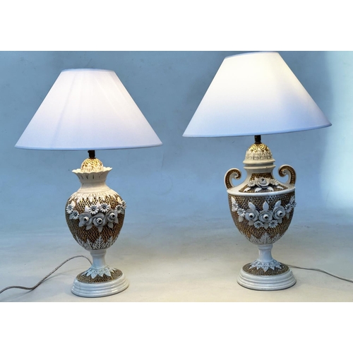 552 - TABLE LAMPS, two similar, Italian ceramic and gilt of vase form with shades, 43cm and 41cm H excludi... 