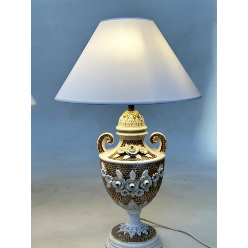 552 - TABLE LAMPS, two similar, Italian ceramic and gilt of vase form with shades, 43cm and 41cm H excludi... 