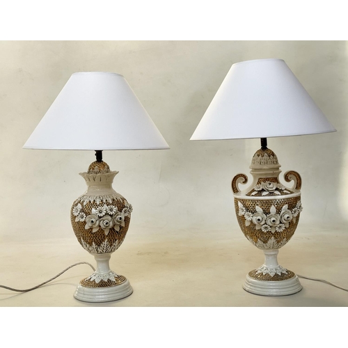 552 - TABLE LAMPS, two similar, Italian ceramic and gilt of vase form with shades, 43cm and 41cm H excludi... 