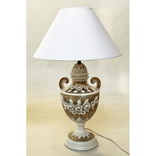 552 - TABLE LAMPS, two similar, Italian ceramic and gilt of vase form with shades, 43cm and 41cm H excludi... 