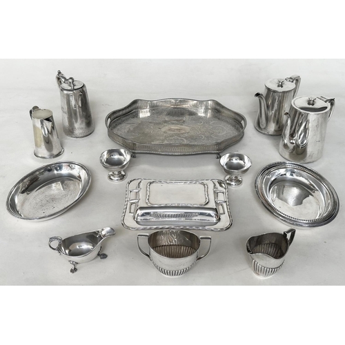 553 - PLATED WARES, including silver plated sugar, cream, plates, tray, water and coffee jugs, 14 approx.