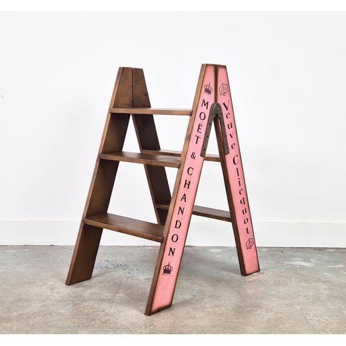 446 - STEP LADDER, folding with various champagne house names down sides, 63.5cm x 44cm x 80.5cm.