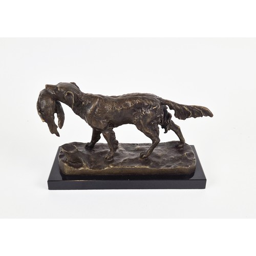 447 - GUN DOG RETRIEVING WITH PHEASANT, sculptural cast metal study, 15cm H approx.