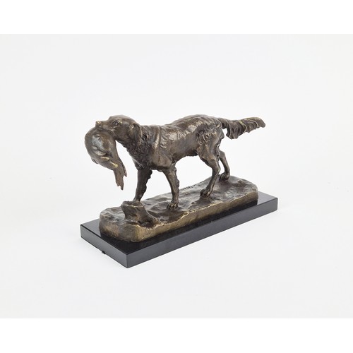 447 - GUN DOG RETRIEVING WITH PHEASANT, sculptural cast metal study, 15cm H approx.